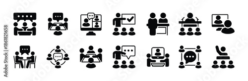 Set of business conference and meeting icons presentation training seminar and group discussion black isolated vector illustration