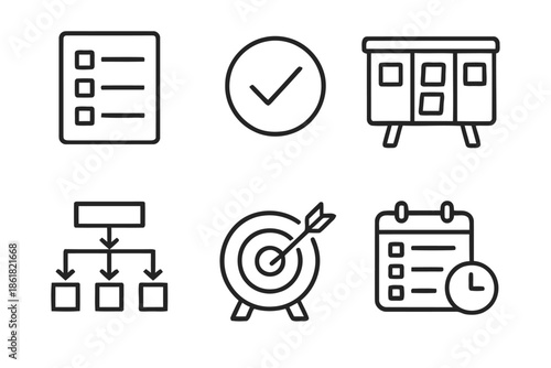 Set of Business Icons Featuring Checklist Checkmark and Cabinet