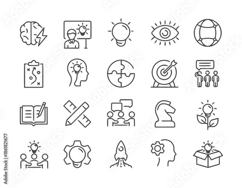Set of Business Ideas and Creative Thinking Line Art Icons Brainstorming Planning and Strategy Problem Solving Vision and Innovation Global Perspective