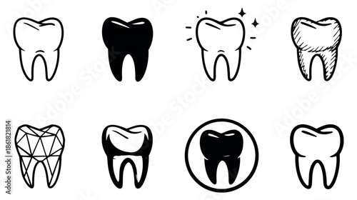 Hand drawn tooth icon set featuring various styles for dentistry and oral health
