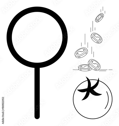 Finance, economic research, investment, banking, wealth management, auditing. Magnifying glass, falling coins abstract symbol. s financial analysis and economic research