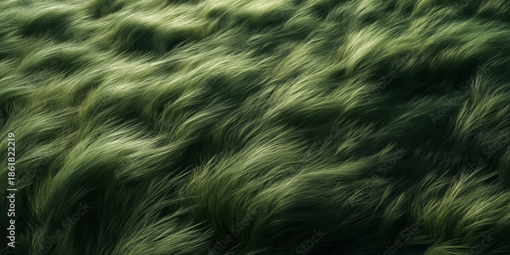 Obraz premium Soft long grass swaying naturally in the wind forming a peaceful green field background for wellness, eco branding, nature websites and banners.