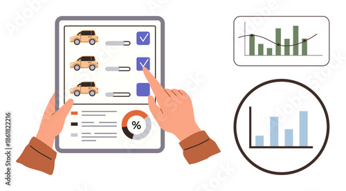 Hands evaluating vehicle checklist with charts showing performance data. Ideal for decision-making, business analytics, vehicle comparison, fleet management, data analysis, statistics, productivity