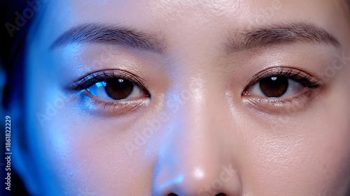 Close-up of eyes closed with visible lashes and skin texture, lit with blue tones