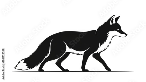 Sleek black fox walking with white markings on fur