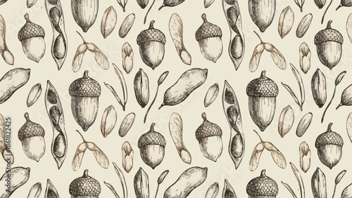 Seamless botanical pattern with hand-drawn acorns, seed pods, and leaves in vintage brown tones, flat vector illustration