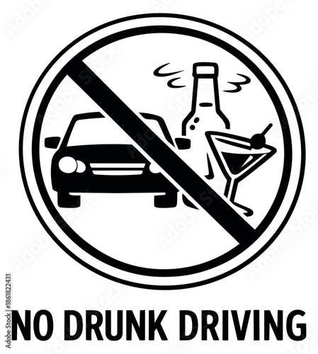 Bold graphic illustration of a no drunk driving symbol depicting a car and alcoholic beverages for public awareness