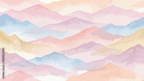 Pastel watercolor mountain landscape with layered ranges in soft hues, serene abstract nature scene, flat vector illustration