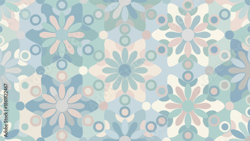 Seamless pastel floral and geometric pattern with radial symmetry in blue, pink, green, and cream, flat vector illustration