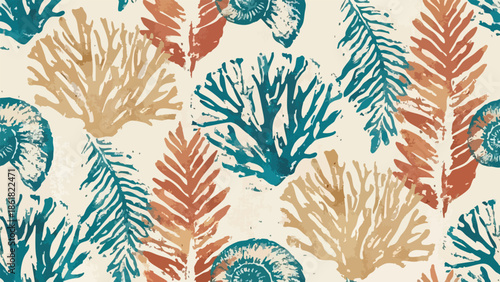 Seamless marine pattern with coral, ammonite shells, and fern leaves in teal and rust tones, flat vector illustration