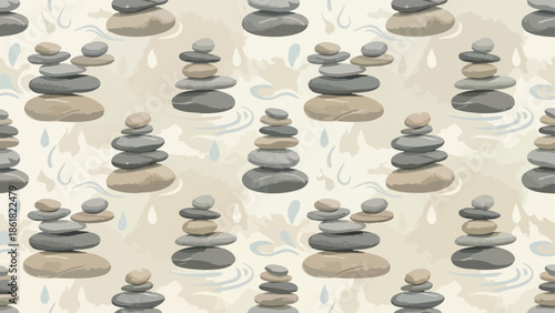 Stacked stones with water swirls and droplets in soft tones, serene wellness and spa theme, flat vector illustration