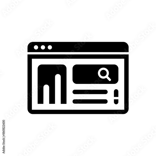 Browser window displaying a dashboard with a search bar, a bar chart, and data analytics.