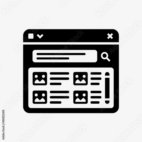 Black and white icon of a web browser window displaying a search bar and content blocks with images and text, featuring a scrollbar.
