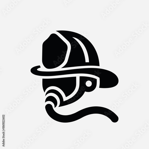 Black silhouette icon of a firefighter's helmet with a breathing apparatus, representing emergency services and safety.