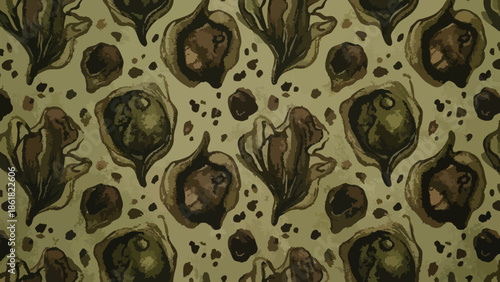 Abstract organic camouflage pattern with leaf and seed pod shapes in earthy tones, flat vector illustration