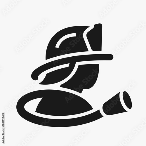 Black silhouette icon of a firefighter wearing a helmet and holding a hose, depicted in a simple, graphic style.