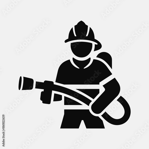 Black silhouette icon of a firefighter holding a fire hose with a nozzle and wearing a helmet and air tank.