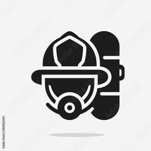 Black silhouette icon of a firefighter's helmet with a breathing mask and an oxygen tank.