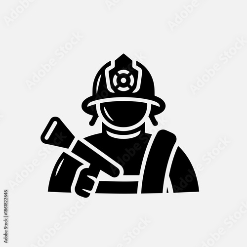 Black silhouette icon of a firefighter wearing a helmet and holding a hose nozzle.