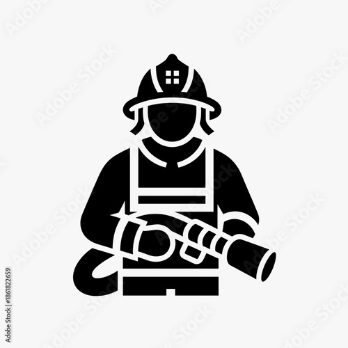 Black silhouette icon of a firefighter holding a fire hose with a nozzle, wearing a helmet with a house symbol.