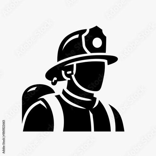 Black and white silhouette icon of a firefighter wearing a helmet and uniform, with a backpack, facing right.