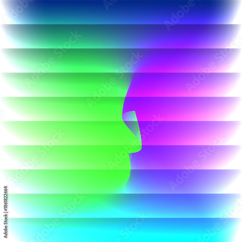 Abstract Human Profile Silhouette with Digital Glitch Effect and Vibrant Mesh Gradient Stripes for Artificial Intelligence, Cyber Security, and Future Technology Concept.
