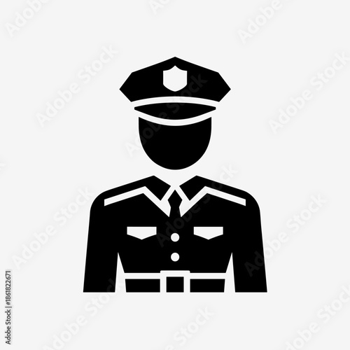 Black silhouette icon of a police officer in uniform with a cap and badge, representing law enforcement.