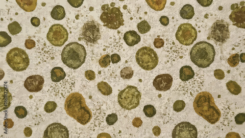 Close-up mold colonies in varied shapes and colors on light surface, microbiology texture, flat vector illustration