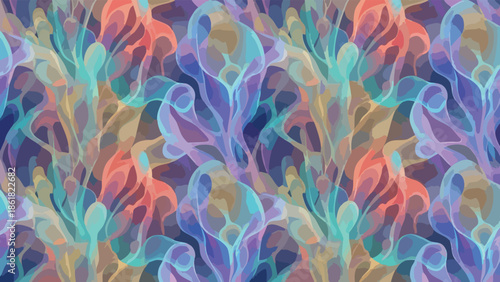 Colorful abstract pattern with overlapping translucent organic shapes, vibrant petal and leaf forms, flat vector illustration