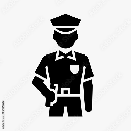 A black silhouette icon of a police officer in uniform, standing with a holstered weapon, representing law enforcement and security.
