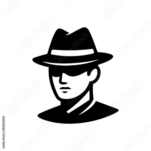 Black and white illustration of a mysterious man wearing a fedora hat and dark sunglasses, with his face partially obscured.