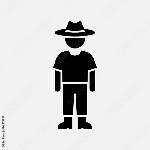 Black silhouette icon of a person wearing a wide-brimmed hat, t-shirt, pants, and boots, standing upright.