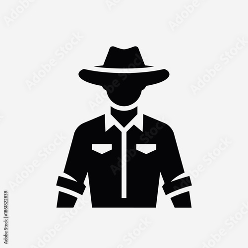 Black silhouette icon of a person wearing a wide-brimmed hat and collared shirt, representing an explorer or ranger.