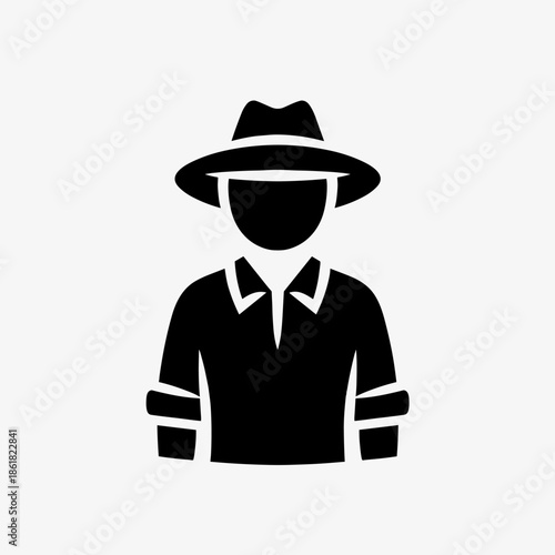 Black silhouette icon of a person wearing a fedora hat and collared shirt, representing a detective or anonymous figure.
