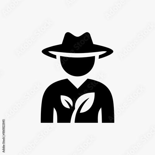 A black silhouette icon of a person wearing a hat with two leaves on their chest, symbolizing a gardener or environmentalist.
