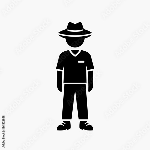 A black silhouette icon of a person wearing a fedora hat, a collared shirt with a pocket, and pants, standing upright.