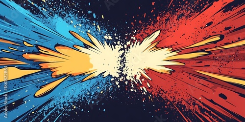 Abstract illustration of a blue and red explosion with yellow accents on a dark background