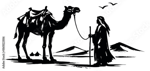 Hand drawn illustration of a traveler and camel depicting a journey through the desert for adventure concepts