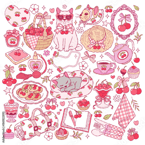 Coquette Cherries Collection Vector, Valentine Cherries and Cat Doodle, Trendy Girly Valentine Picnic Hand Drawn Design Vector