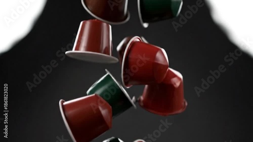 A scattering of red and green coffee pods against a dark, moody background