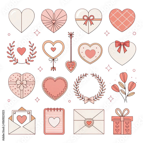 Minimal Luxury Valentine Love Icons with Hearts and Elegant Elements Isolated on White