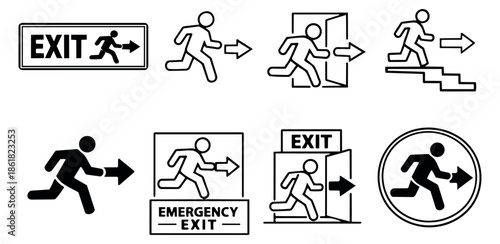 Pictogram exit signs set featuring running man figures, arrows, and door symbols for safety and emergency navigation