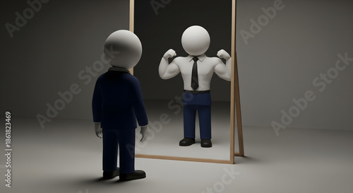 Conceptual illustration of a faceless figure confronting an exaggerated confident reflection, representing overcompensation, imposter syndrome, and pressure to appear strong in professional environmen