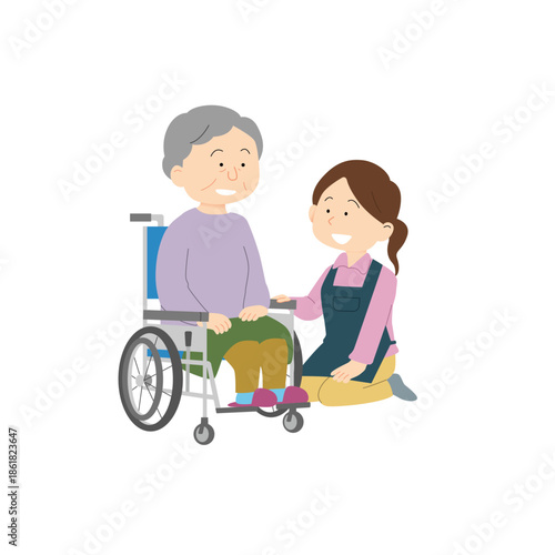 介護士と話すシニアのイラスト