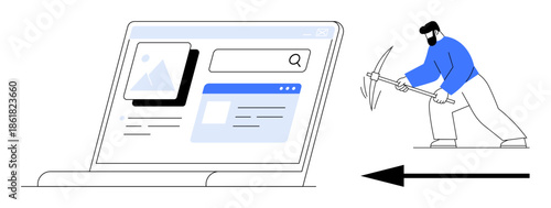 Data mining concept. Data mining as man with pickaxe working alongside a computer for search visualization. Data mining in analytics, research, digital tools, process simulations. Ideal