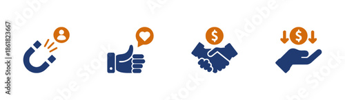 Set of Business Interactions Icons Solid Style Magnet Hand Thumb Up Agreement Deal Reduction Attraction Collaboration Relationship Partnership Investment Benefit Achievement