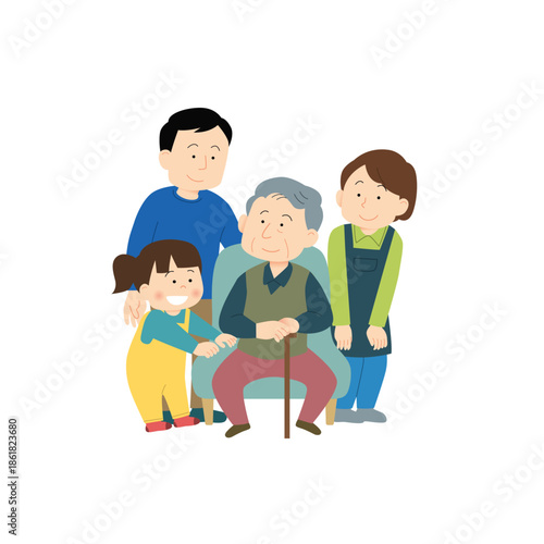家族に見守られているシニアのイラスト