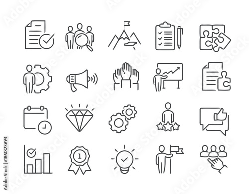 Set of business management thin line icons such as goal, leader, success, plan, strategy, teamwork, target exactly 200 characters