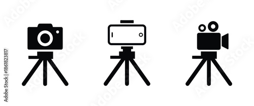 Set of Camera Icons with Tripod in Various Styles Photography Equipment for Recording and Capturing Moments Film Camera Icon with Stand Vector Illustration