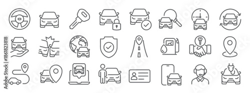 Set of Car Line Icons such as Steering Wheel, Key, Lock, Magnifier, Clock, Hand, Crash, Globe, Shield, Road, Gas Station, Location, Route, Laptop, Driver and Card